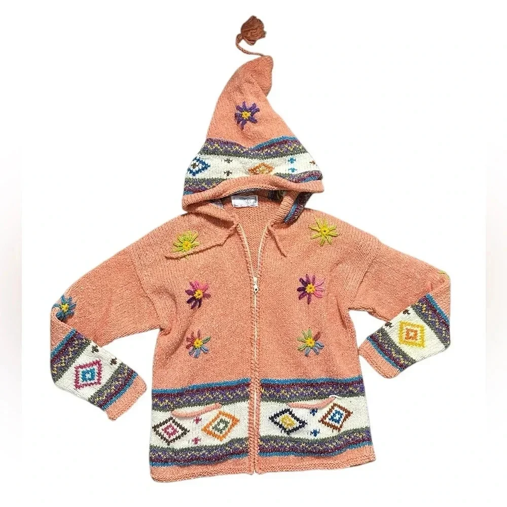 Handmade Vintage Colorful Knit 100% Wool Hooded Cardigan